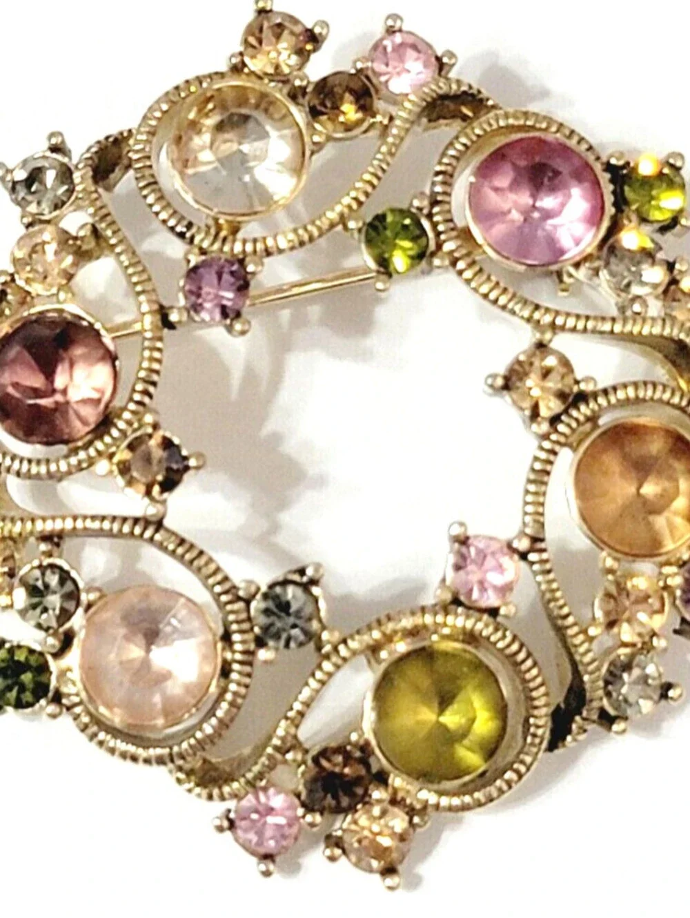 Monet Rhinestone Wreath Brooch Pin, Pink Green Amber Glass Designer go-102